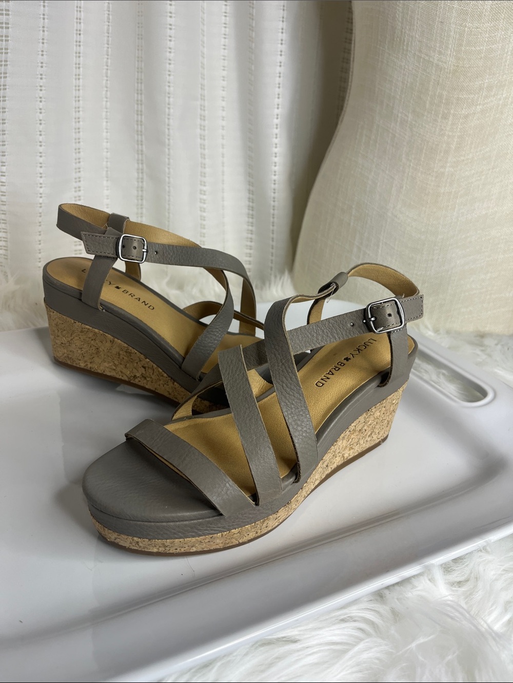 Lucky Brand Gray Strappy Cork Wedge Sandals